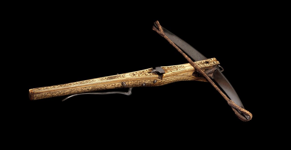 Crossbow, Steel, wood, staghorn, hemp, Central European, possibly southern Germany 