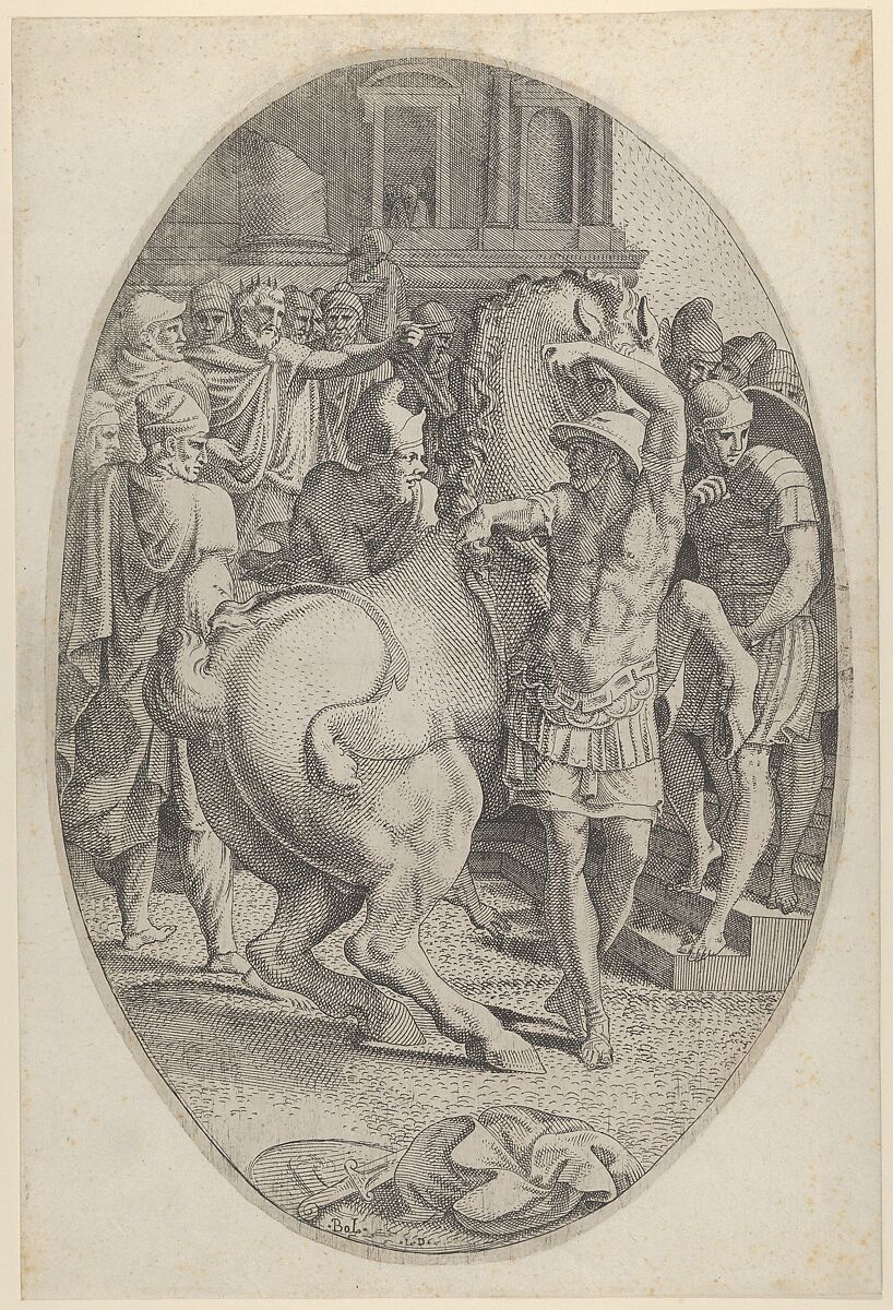 Alexander Mastering Bucephalus, Léon Davent (French, active 1540–56), Etching 