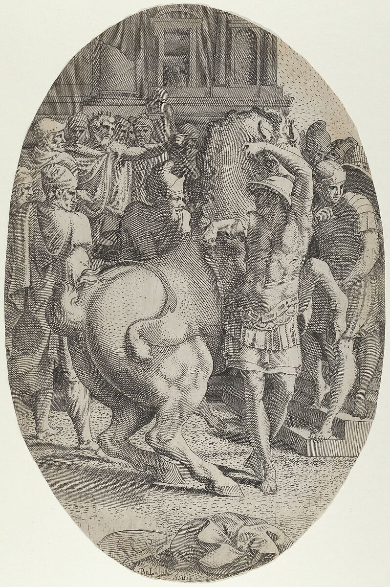 Alexander Mastering Bucephalus, Léon Davent (French, active 1540–56), Etching 