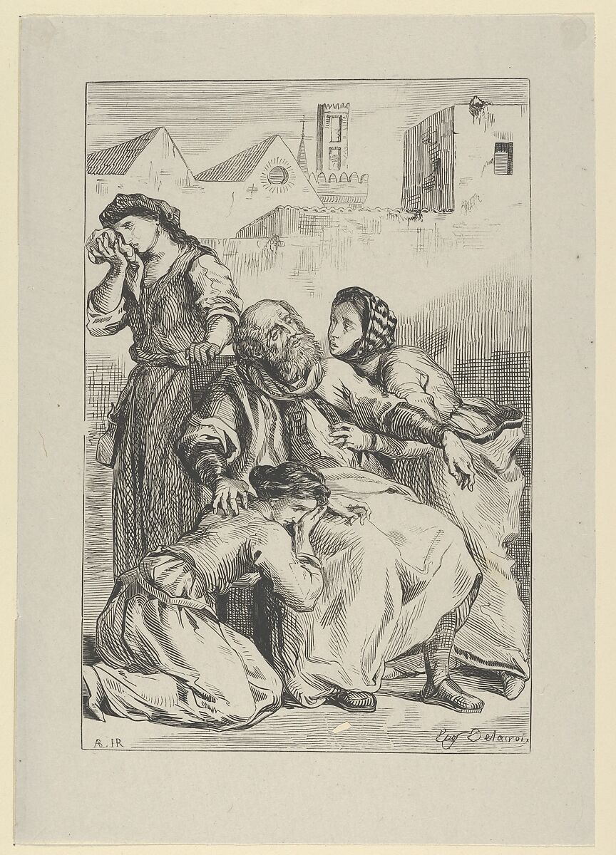 Death of Goetz von Berlichingen, Eugène Delacroix (French, Charenton-Saint-Maurice 1798–1863 Paris), Wood engraving; proof before letters 