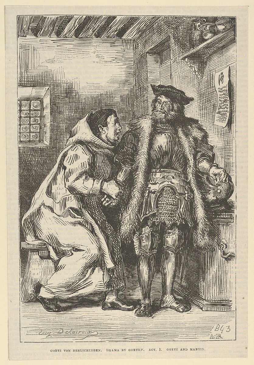 Goetz and Friar Martin, After Eugène Delacroix (French, Charenton-Saint-Maurice 1798–1863 Paris), Wood engraving (or possibly stereotype) 