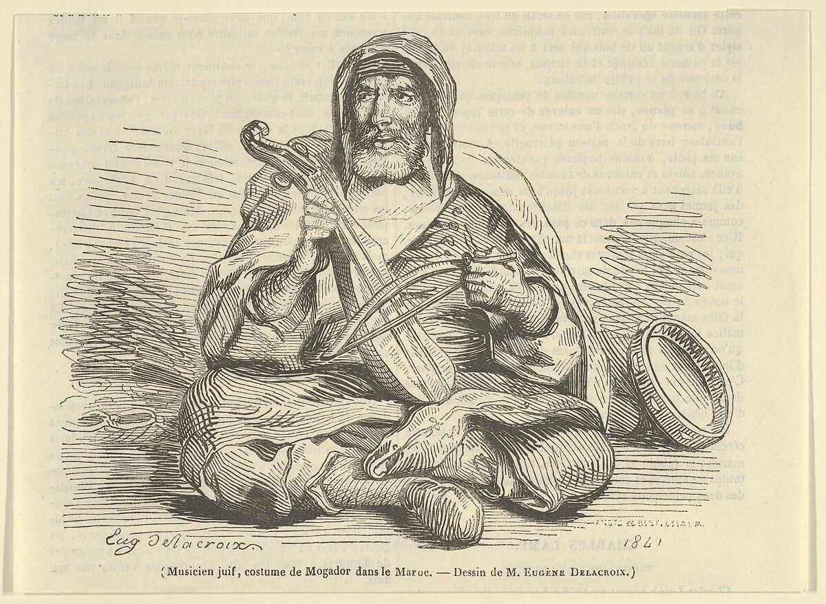 Jewish Musician in Mogador Costume, Morocco, from "Le Magasin Pittoresque", Eugène Delacroix (French, Charenton-Saint-Maurice 1798–1863 Paris), Wood engraving on newsprint; second state 