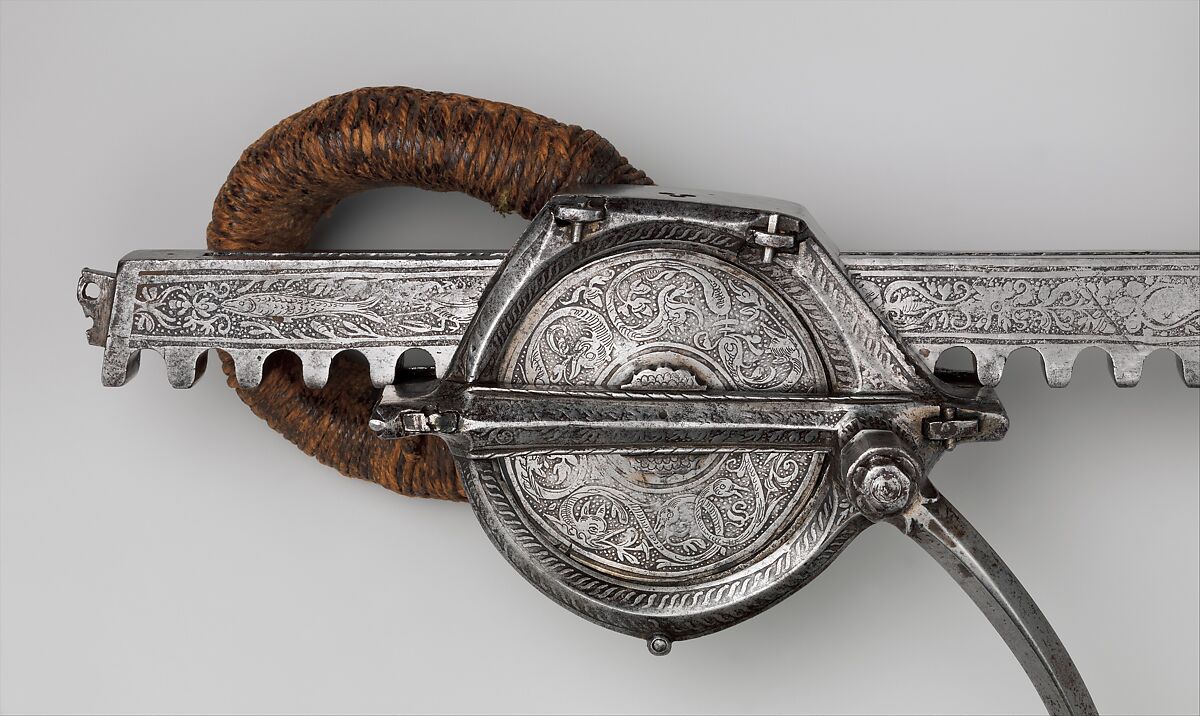 Crossbow (Halbe Rüstung) with Cranequin (Winder), Steel, wood (fruitwood, probably cherry and plum), staghorn, copper alloy, hemp, wool, probably German, possibly Saxony; cranequin, probably German
