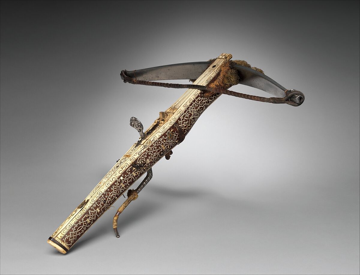Crossbow (Halbe Rüstung) with Cranequin (Winder), Steel, wood (fruitwood, probably cherry and plum), staghorn, copper alloy, hemp, wool, probably German, possibly Saxony; cranequin, probably German