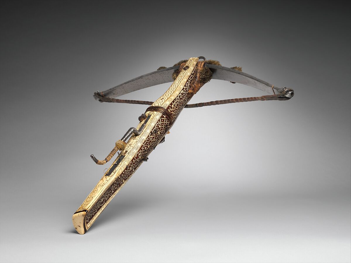 Crossbow (Halbe Rüstung) with Cranequin (Winder), Steel, wood (fruitwood, probably cherry and plum), staghorn, copper alloy, hemp, wool, probably German, possibly Saxony; cranequin, probably German