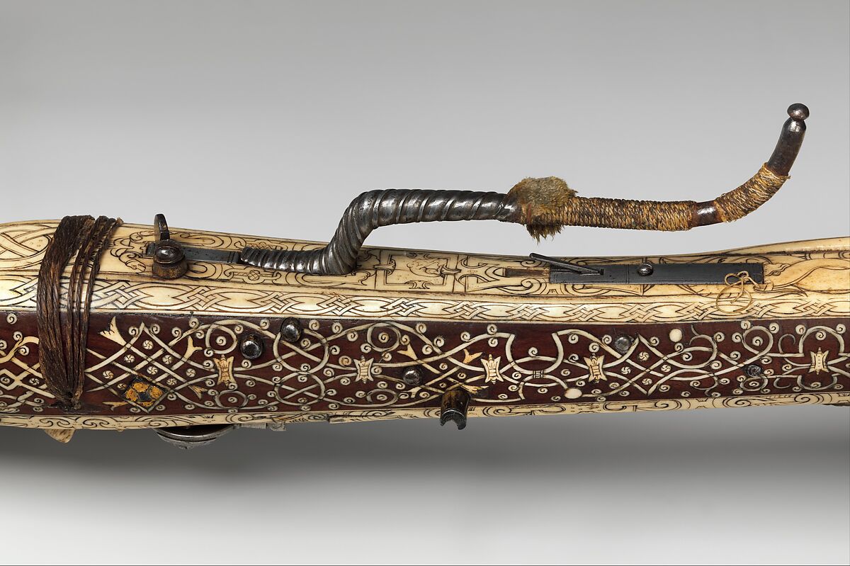 Crossbow (Halbe Rüstung) with Cranequin (Winder), Steel, wood (fruitwood, probably cherry and plum), staghorn, copper alloy, hemp, wool, probably German, possibly Saxony; cranequin, probably German
