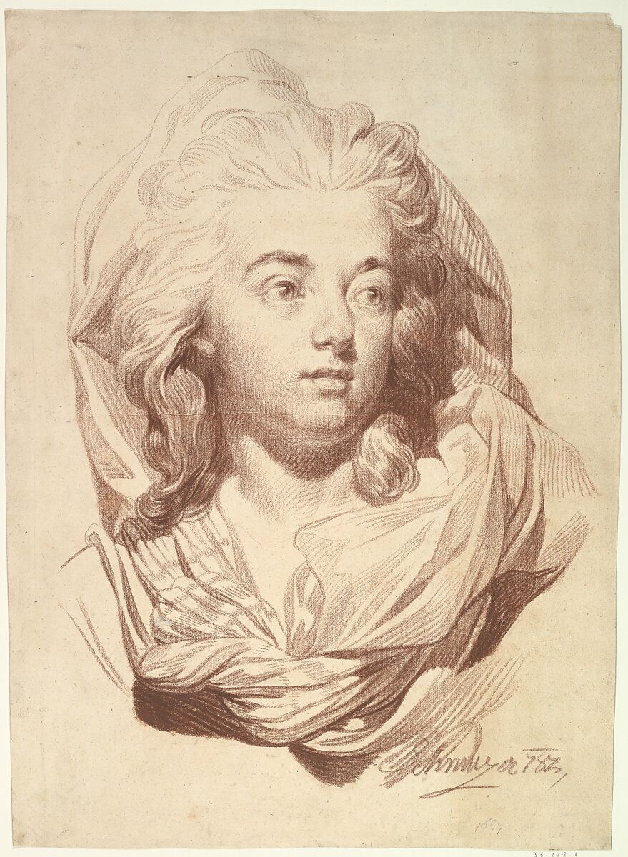Head of a Woman with a Veil, Jakob Matthias Schmutzer (Austrian, Vienna 1733–1811 Vienna), Reddish-brown chalk 