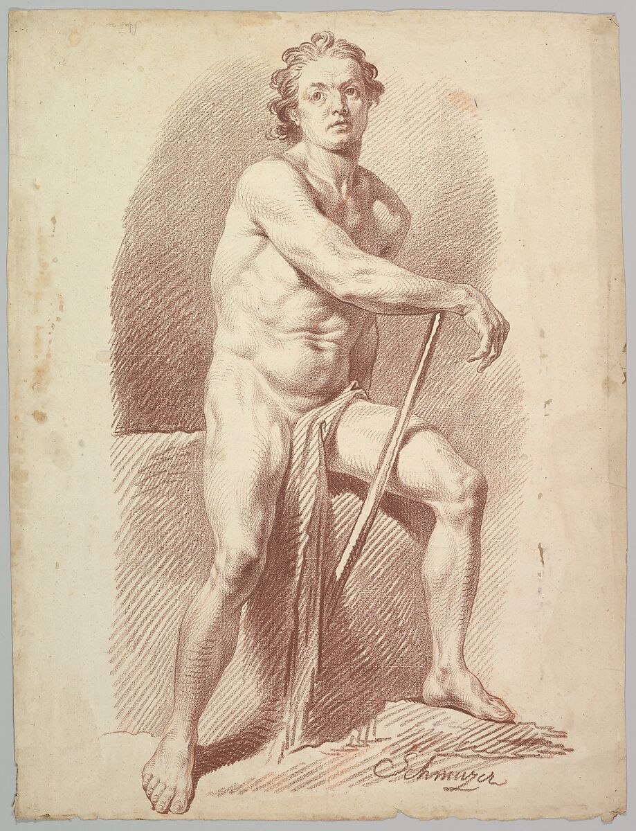 Seated Male Nude Resting on a Stick, Jakob Matthias Schmutzer (Austrian, Vienna 1733–1811 Vienna), Red chalk 