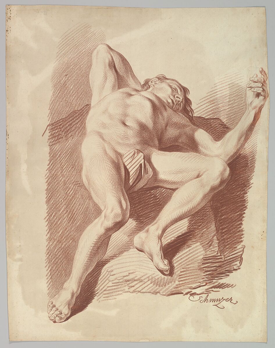 Reclining Male Nude, Jakob Matthias Schmutzer (Austrian, Vienna 1733–1811 Vienna), Red chalk 