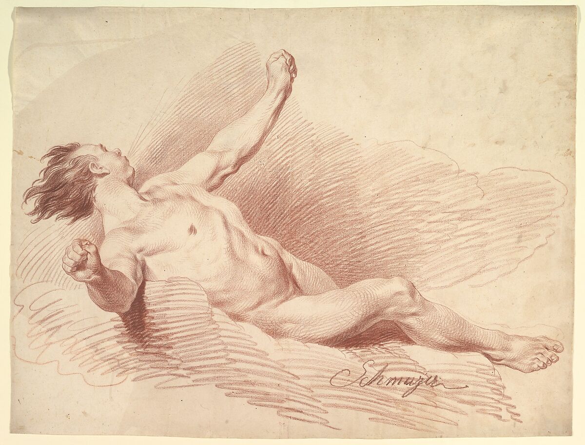 Reclining Male Nude, as Wind God on Clouds, Jakob Matthias Schmutzer (Austrian, Vienna 1733–1811 Vienna), Red chalk 