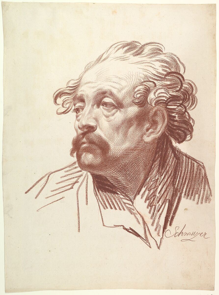 Head of a Man with a Moustache Looking Left, Jakob Matthias Schmutzer (Austrian, Vienna 1733–1811 Vienna), Red chalk 