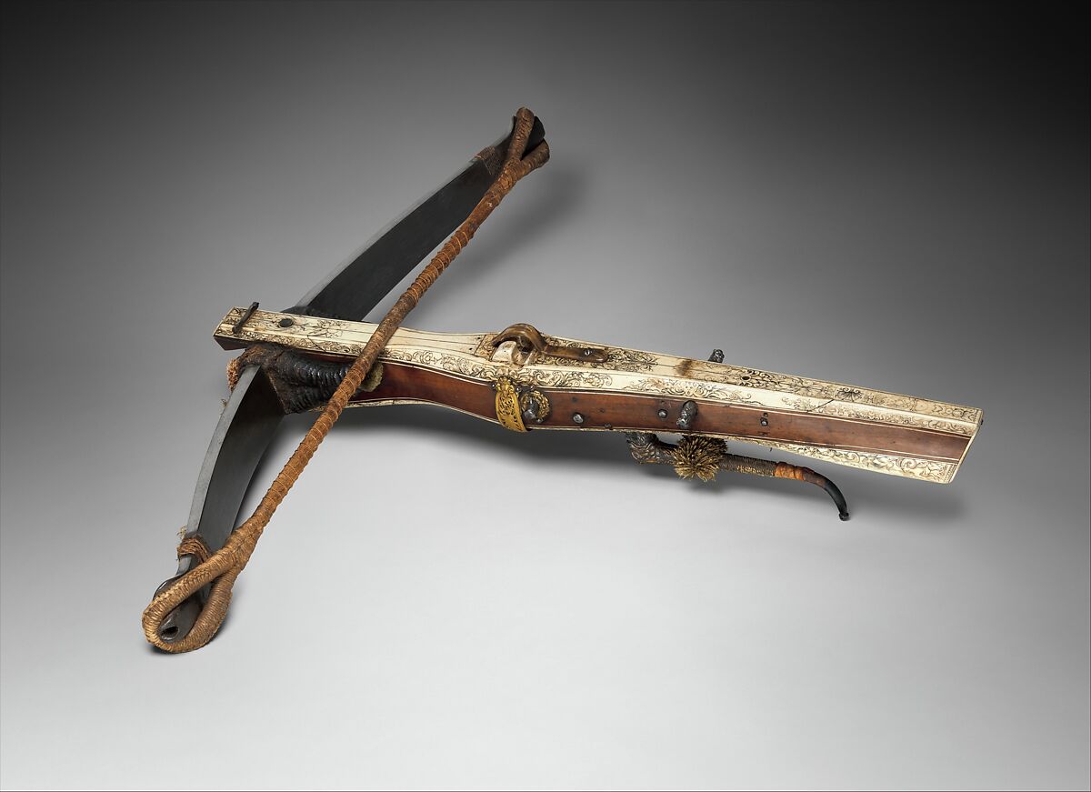 Large Crossbow (Ganze Rüstung) of Johann Georg, Baron von Rechenberg, Steel, wood, wood veneer (snakewood), ivory (elephant), staghorn, horn, copper alloy, gold, wool, leather, German, probably Dresden 