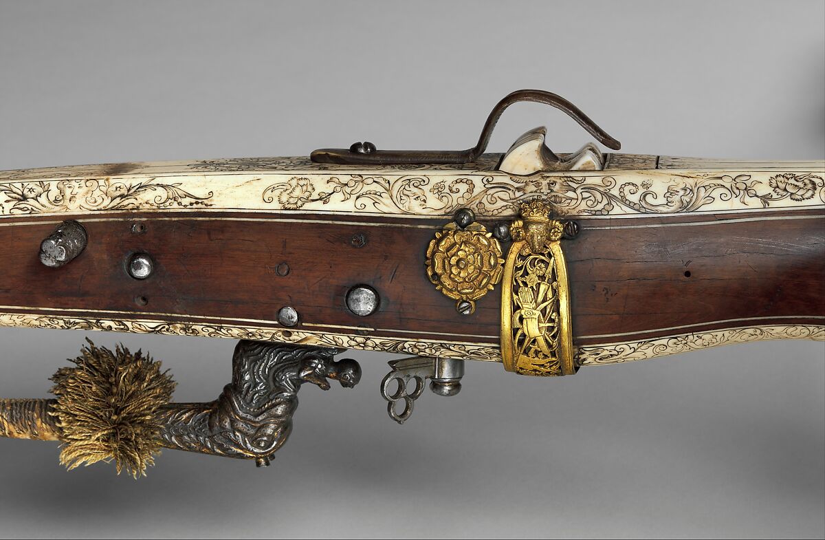 Large Crossbow (Ganze Rüstung) of Johann Georg, Baron von Rechenberg, Steel, wood, wood veneer (snakewood), ivory (elephant), staghorn, horn, copper alloy, gold, wool, leather, German, probably Dresden