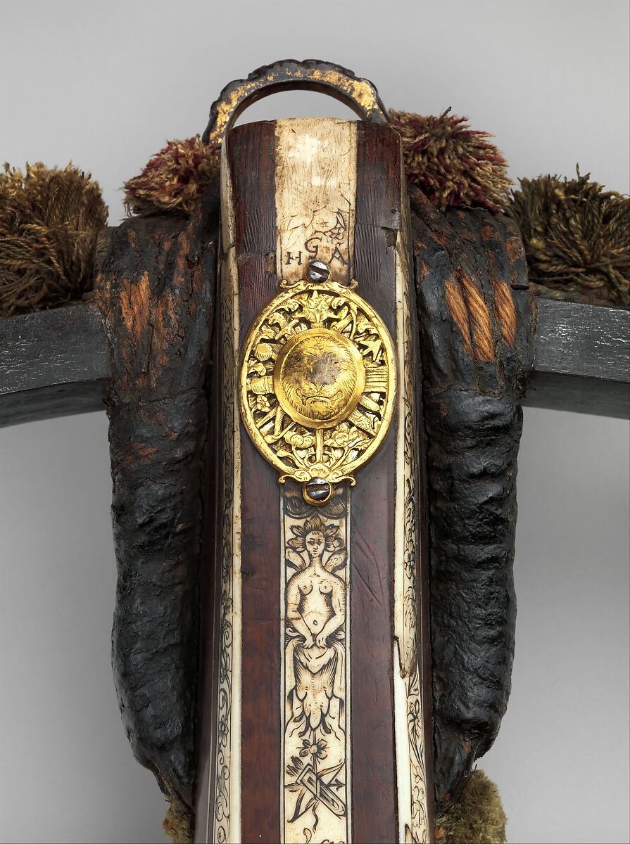 Large Crossbow (Ganze Rüstung) of Johann Georg, Baron von Rechenberg, Steel, wood, wood veneer (snakewood), ivory (elephant), staghorn, horn, copper alloy, gold, wool, leather, German, probably Dresden