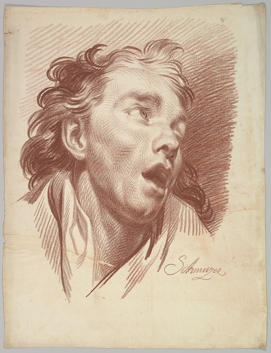Head of a Youth with Open Mouth, Jakob Matthias Schmutzer (Austrian, Vienna 1733–1811 Vienna), Red chalk 
