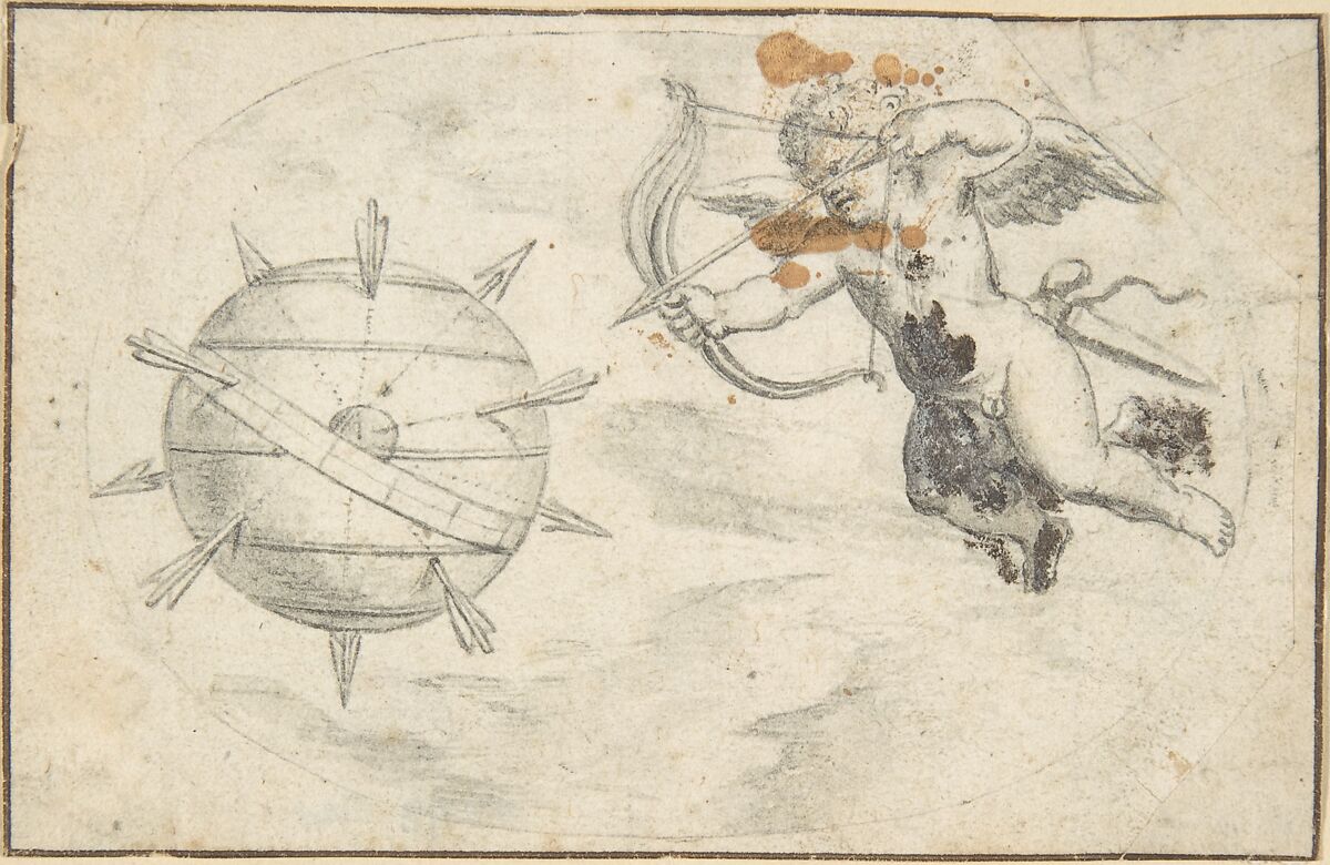 Cupid Shooting Arrows at the World Globe, Attributed to Otto van Veen (Netherlandish, Leiden 1556–1629 Brussels), Brush and gray ink, over black chalk, white gouache; framing line in pen and brown ink, probably by a later hand; incised for transfer 