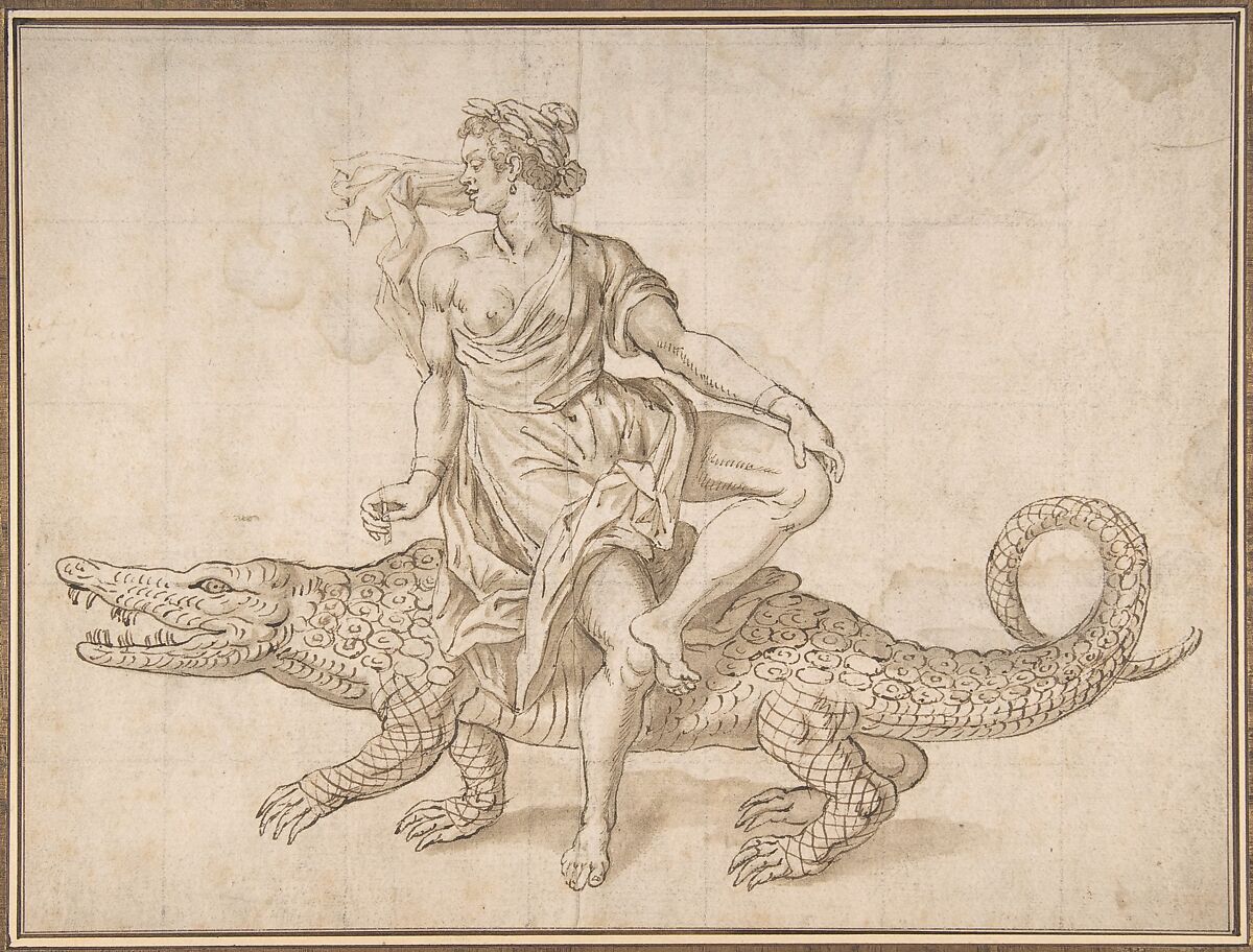 Allegory of Africa, from "The Four Continents", Anonymous, Netherlandish, 16th century ?, Pen and brown ink, brush and brown wash, squared in black chalk 