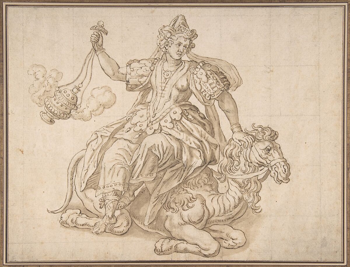 Allegory of Asia, from "The Four Continents", Anonymous, Netherlandish, 16th century ?, Pen and brown ink, brush and brown wash, squared in black chalk 