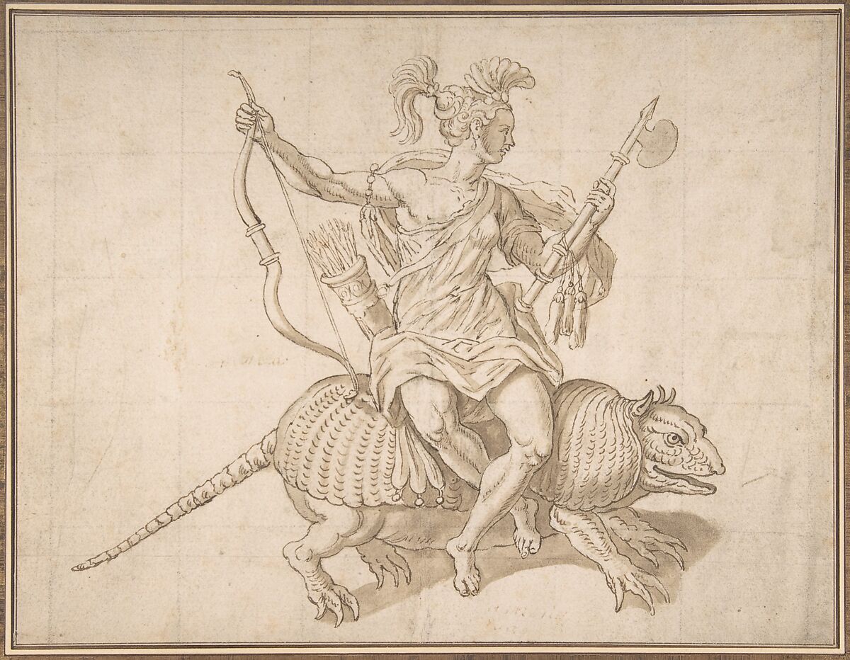 Allegory of America, from "The Four Continents", Anonymous, Netherlandish, 16th century ?, Pen and brown ink, brush and brown wash, squared in black chalk 