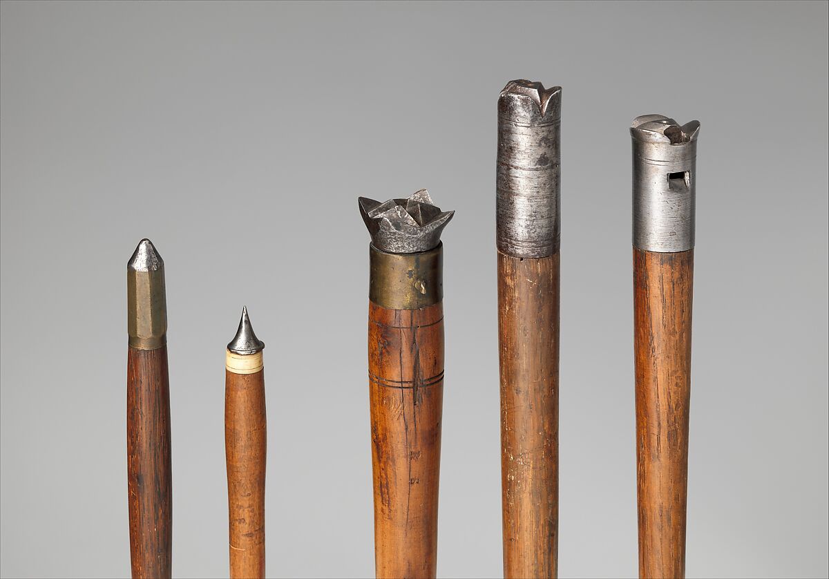 Six Crossbow Bolts, Steel, wood (oak), staghorn, pigment, Central European, possibly German 