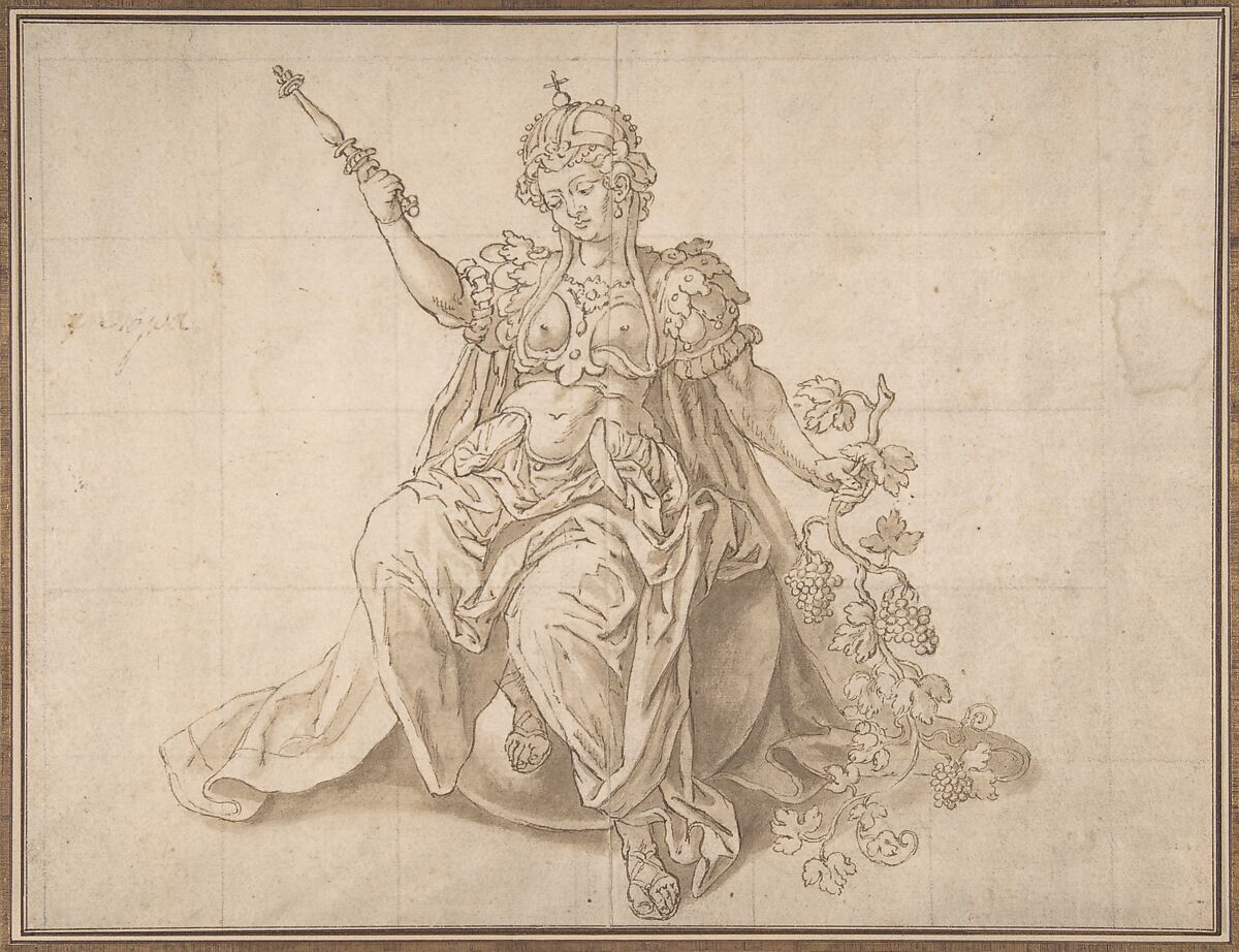 Allegory of Europe, from "The Four Continents", Anonymous, Netherlandish, 16th century ?, Pen and brown ink, brush and brown wash, squared in black chalk 