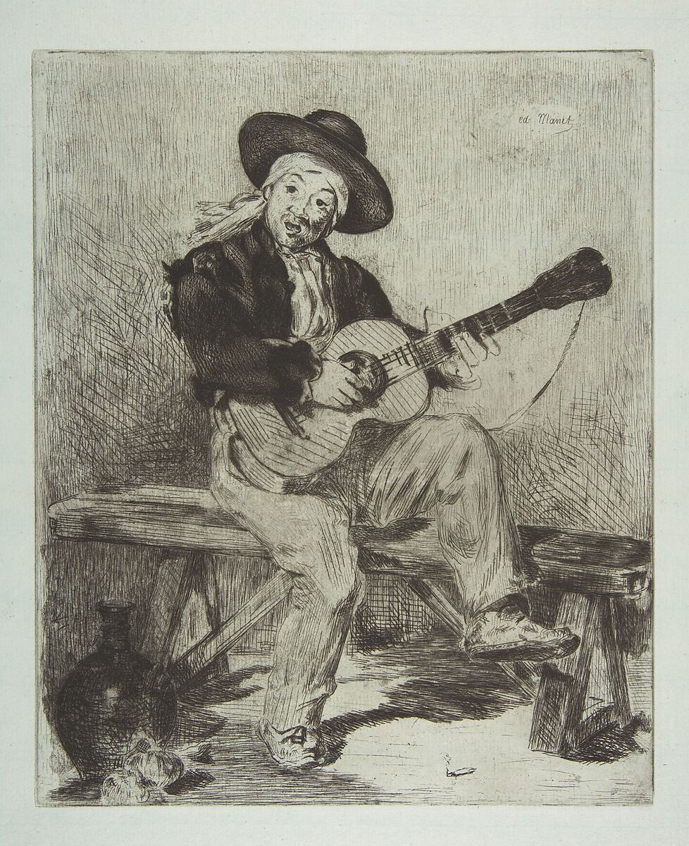 The Spanish Singer (Le Guitarrero), Edouard Manet (French, Paris 1832–1883 Paris), Etching, final state (V) on blue laid paper 