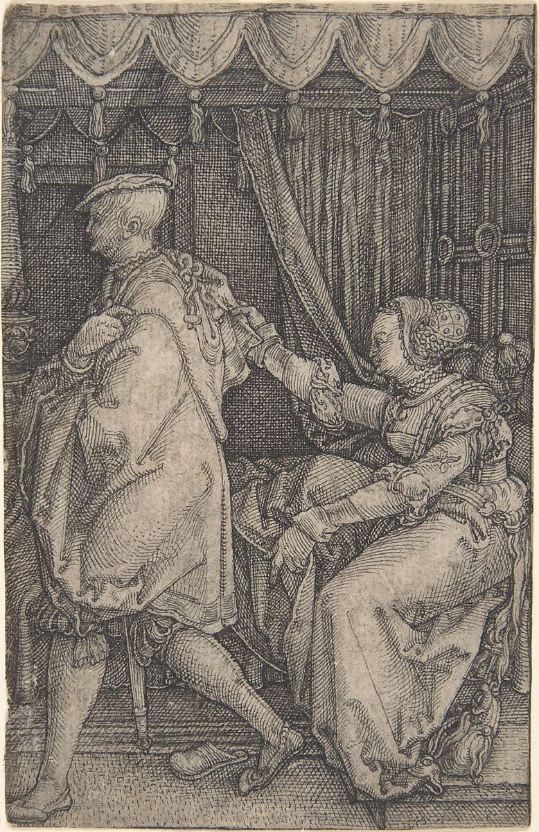 Joseph and Potiphar's Wife, Heinrich Aldegrever (German, Paderborn ca. 1502–1555/1561 Soest), Pen and black ink. 