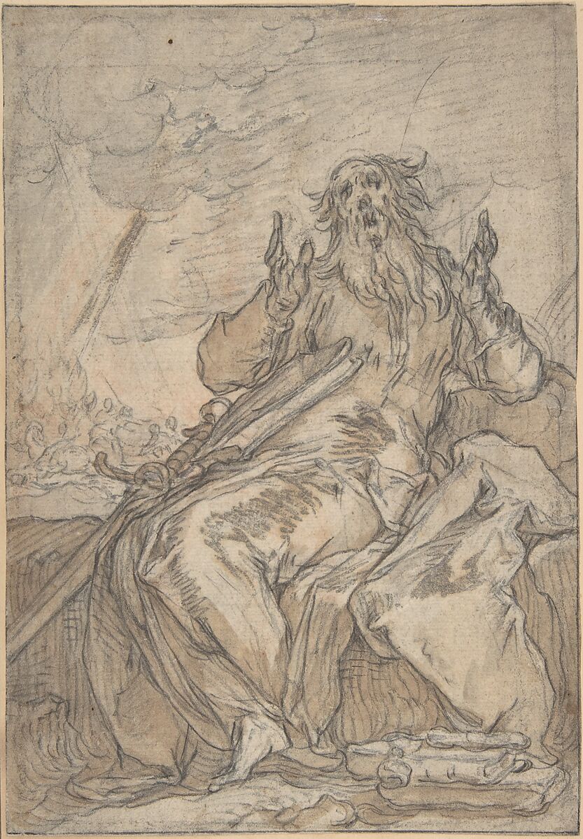 Saint Paul Seated, with his Conversion in the Background; Verso: Figure Sketch, Abraham Bloemaert (Netherlandish, Gorinchem 1566–1651 Utrecht), Black chalk, brush and brown and gray wash, red chalk, heightened with white gouache; incised for transfer (?); framing line in pen and black ink 