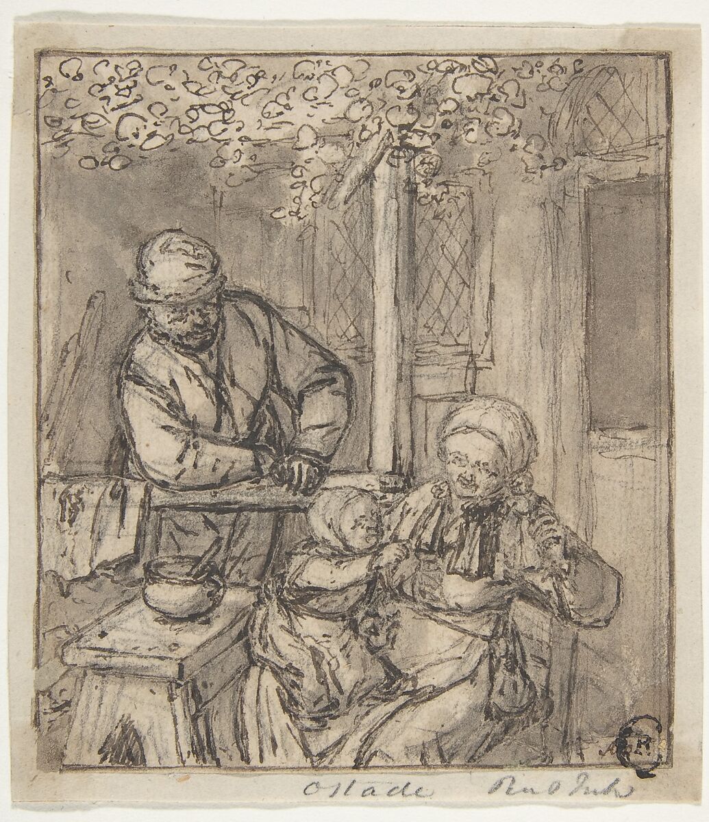 Mother and Child with a Doll., Adriaen van Ostade (Dutch, Haarlem 1610–1685 Haarlem), Pen and brown and black ink, brush and gray-brown wash, over graphite. Incised. Tacked down to paper mount. 