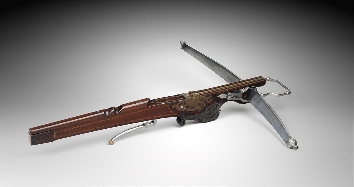 Target Crossbow with Windlass, Steel, wood (possibly mahogany), copper alloy, staghorn, hemp, probably Belgian or Dutch 