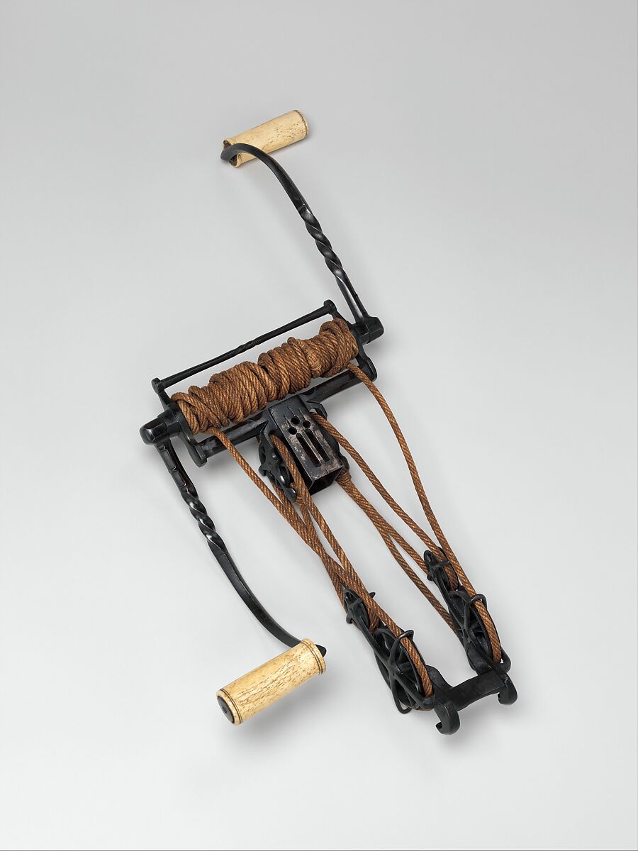 Target Crossbow with Windlass, Steel, wood (possibly mahogany), copper alloy, staghorn, hemp, probably Belgian or Dutch