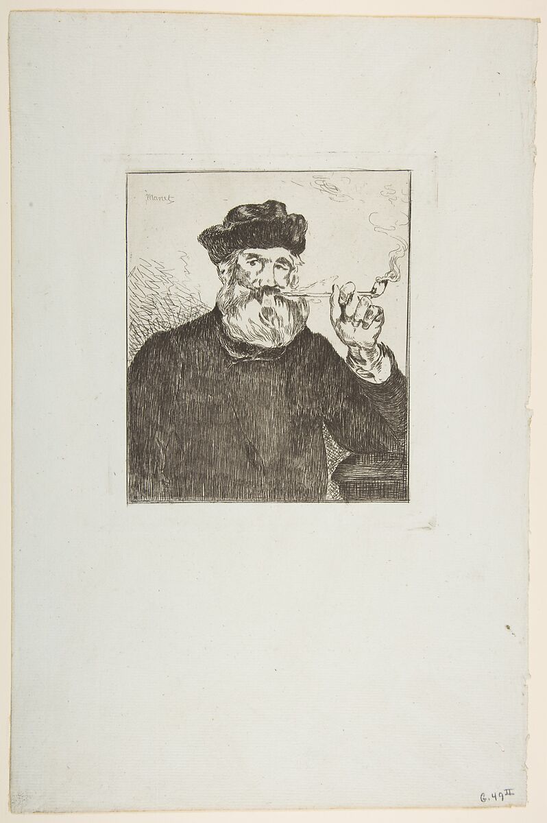 The Smoker (Le Fumeur), Edouard Manet (French, Paris 1832–1883 Paris), Etching on blue laid paper, final state (II)