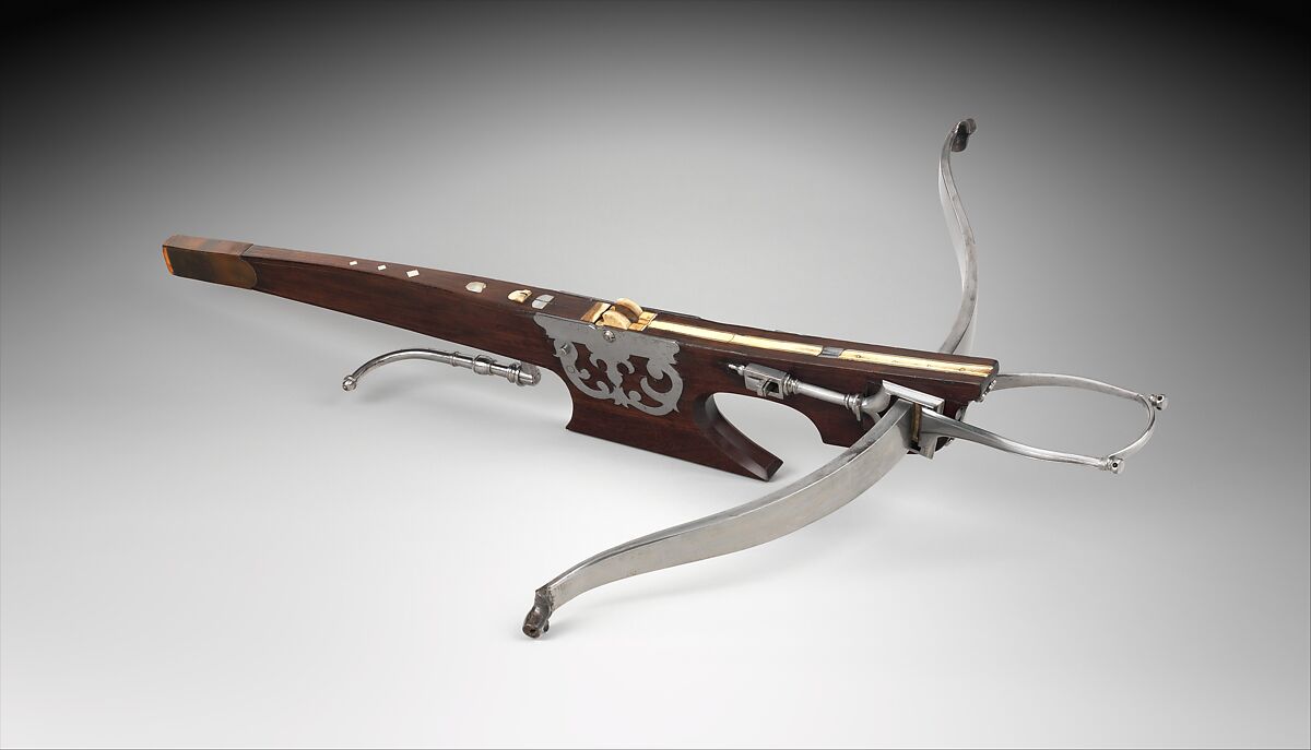 Target Crossbow with Windlass, Steel, wood (boxwood, pearwood, and possibly paduk), copper alloy, staghorn, horn, mother-of-pearl, hemp, probably Belgian or Dutch 