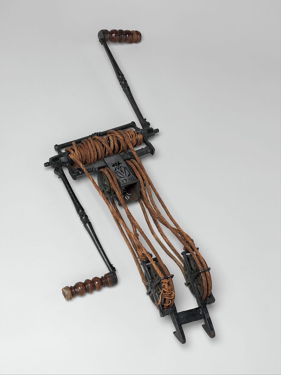 Target Crossbow with Windlass, Steel, wood (boxwood, pearwood, and possibly paduk), copper alloy, staghorn, horn, mother-of-pearl, hemp, probably Belgian or Dutch