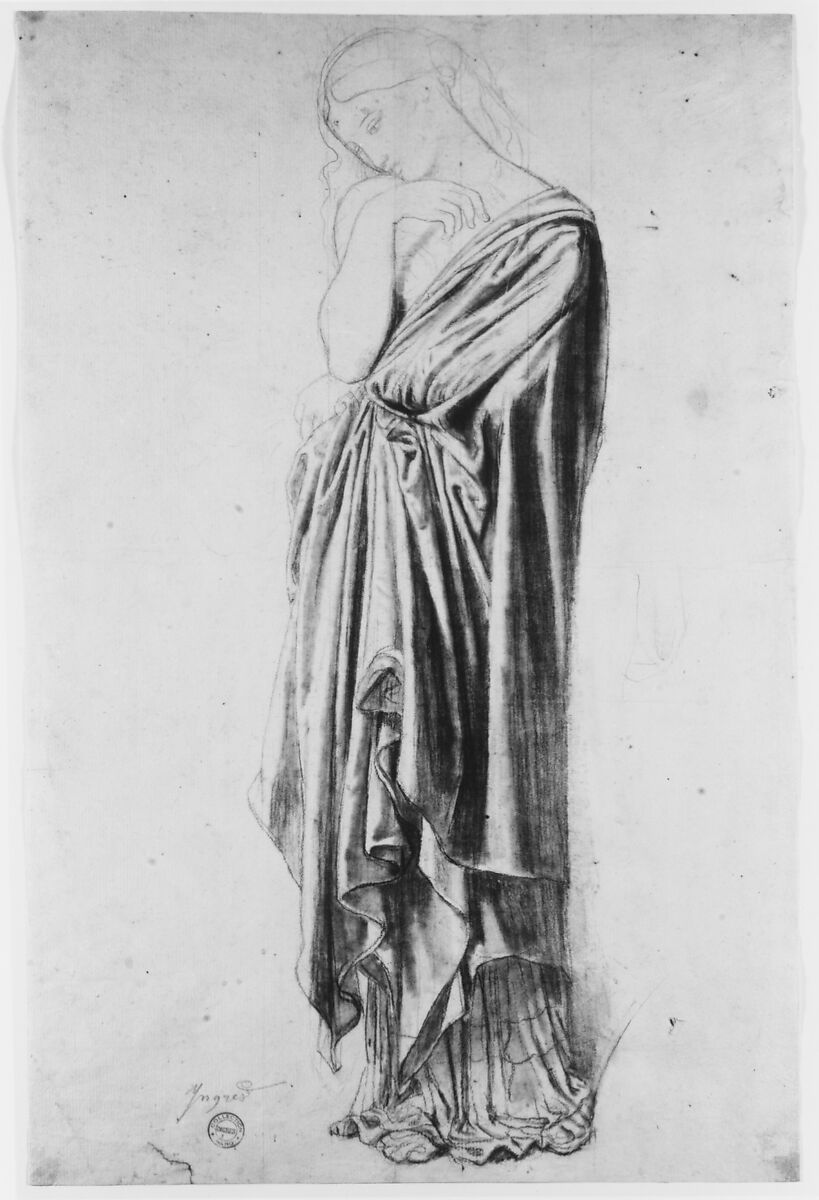 Study for the Figure of Stratonice, Jean Auguste Dominique Ingres (French, Montauban 1780–1867 Paris), Graphite, black chalk, and rubbed charcoal; some contours incised for transfer