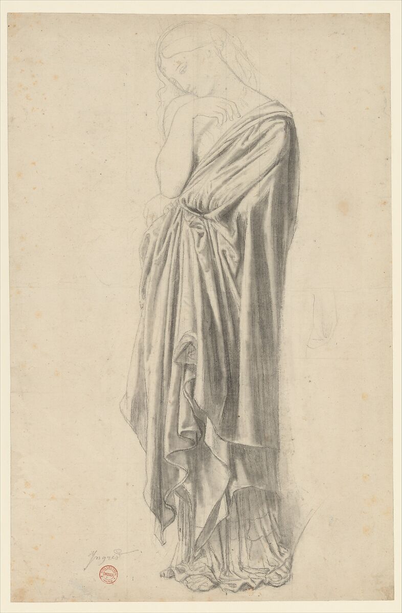 Study for the Figure of Stratonice, Jean Auguste Dominique Ingres (French, Montauban 1780–1867 Paris), Graphite, black chalk, and rubbed charcoal; some contours incised for transfer 