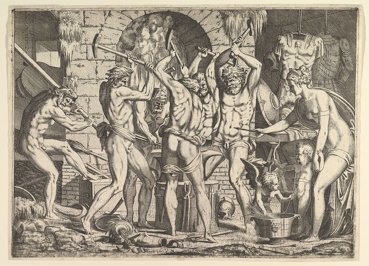 Venus in Vulcan's Forge, Léon Davent (French, active 1540–56), Etching 