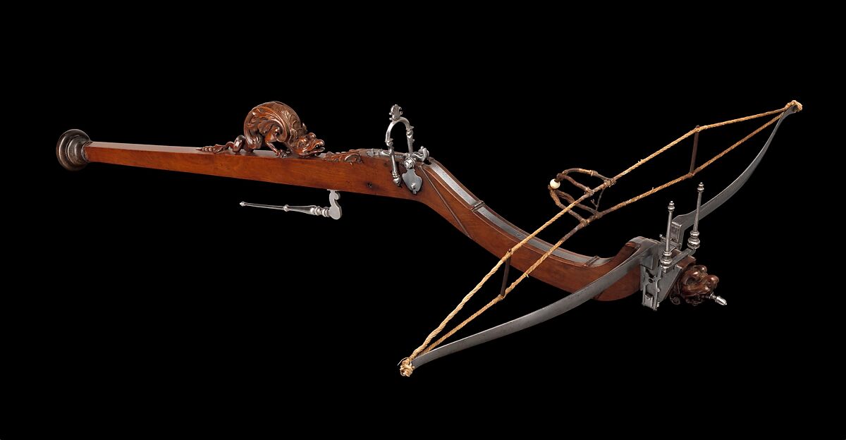 Pellet Crossbow, Steel, wood (walnut), staghorn, hemp, probably Italian or French 