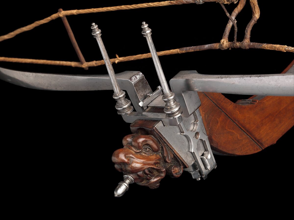 Pellet Crossbow, Steel, wood (walnut), staghorn, hemp, probably Italian or French
