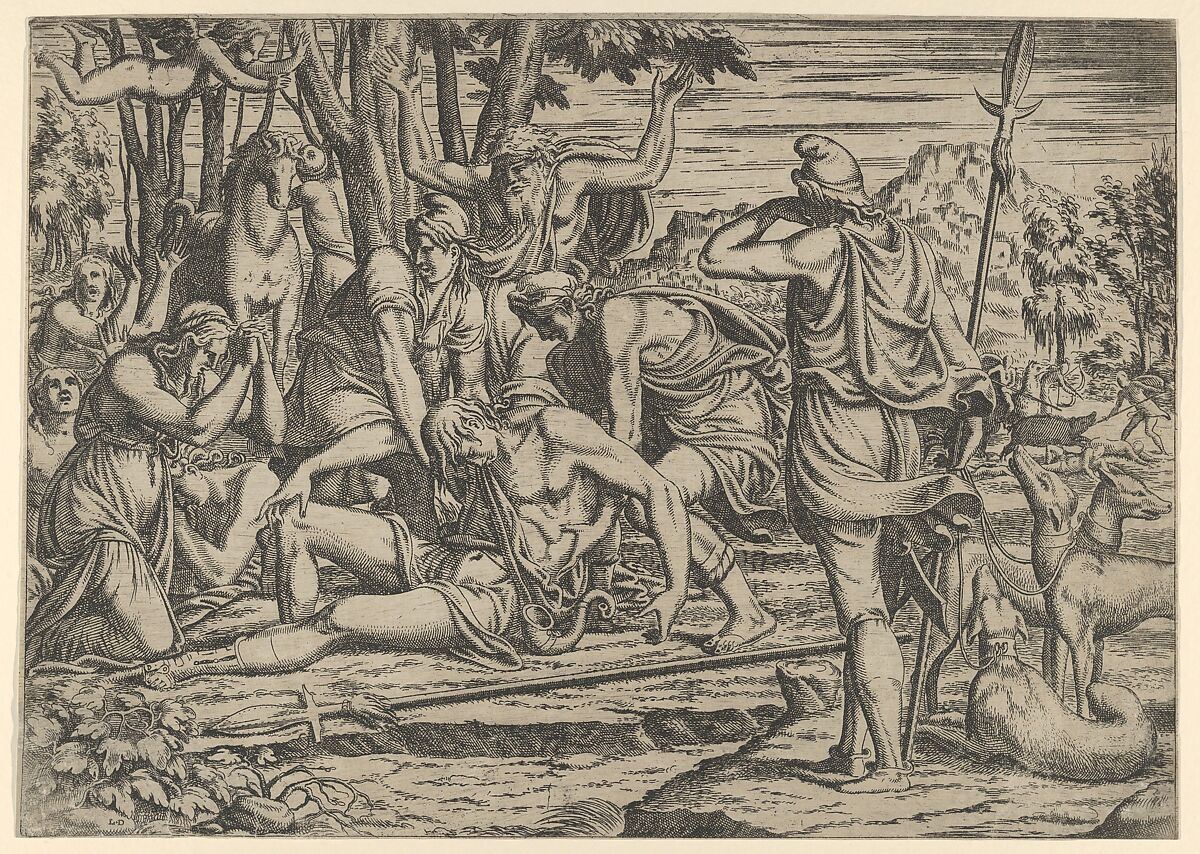 Death of Adonis, Léon Davent (French, active 1540–56), Etching 