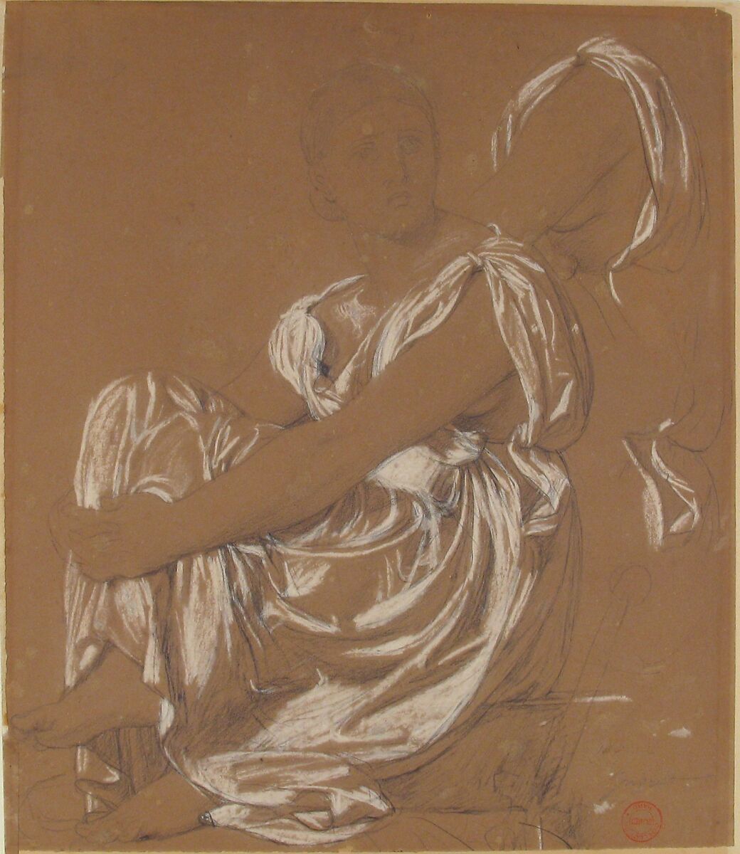 Study for the Figure of the Iliad in "The Apotheosis of Homer", Jean Auguste Dominique Ingres (French, Montauban 1780–1867 Paris), Graphite and black chalk heightened with white chalk on brown paper