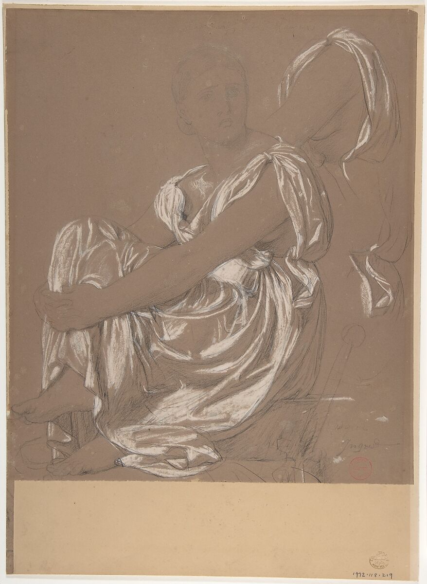 Study for the Figure of the Iliad in "The Apotheosis of Homer", Jean Auguste Dominique Ingres (French, Montauban 1780–1867 Paris), Graphite and black chalk heightened with white chalk on brown paper 