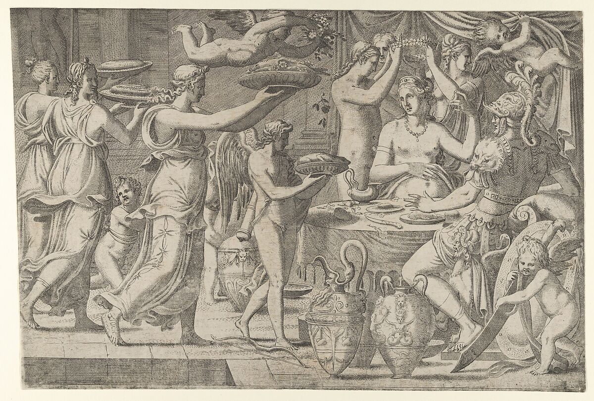Mars and Venus Being Served at Table by Cupid, Léon Davent (French, active 1540–56), Etching 