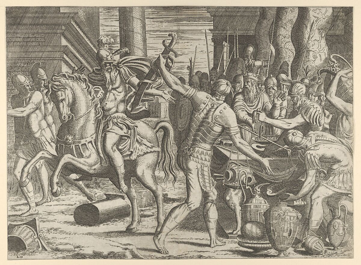 Brennus throwing his sword on the scales before Camillus, Léon Davent (French, active 1540–56), Etching 