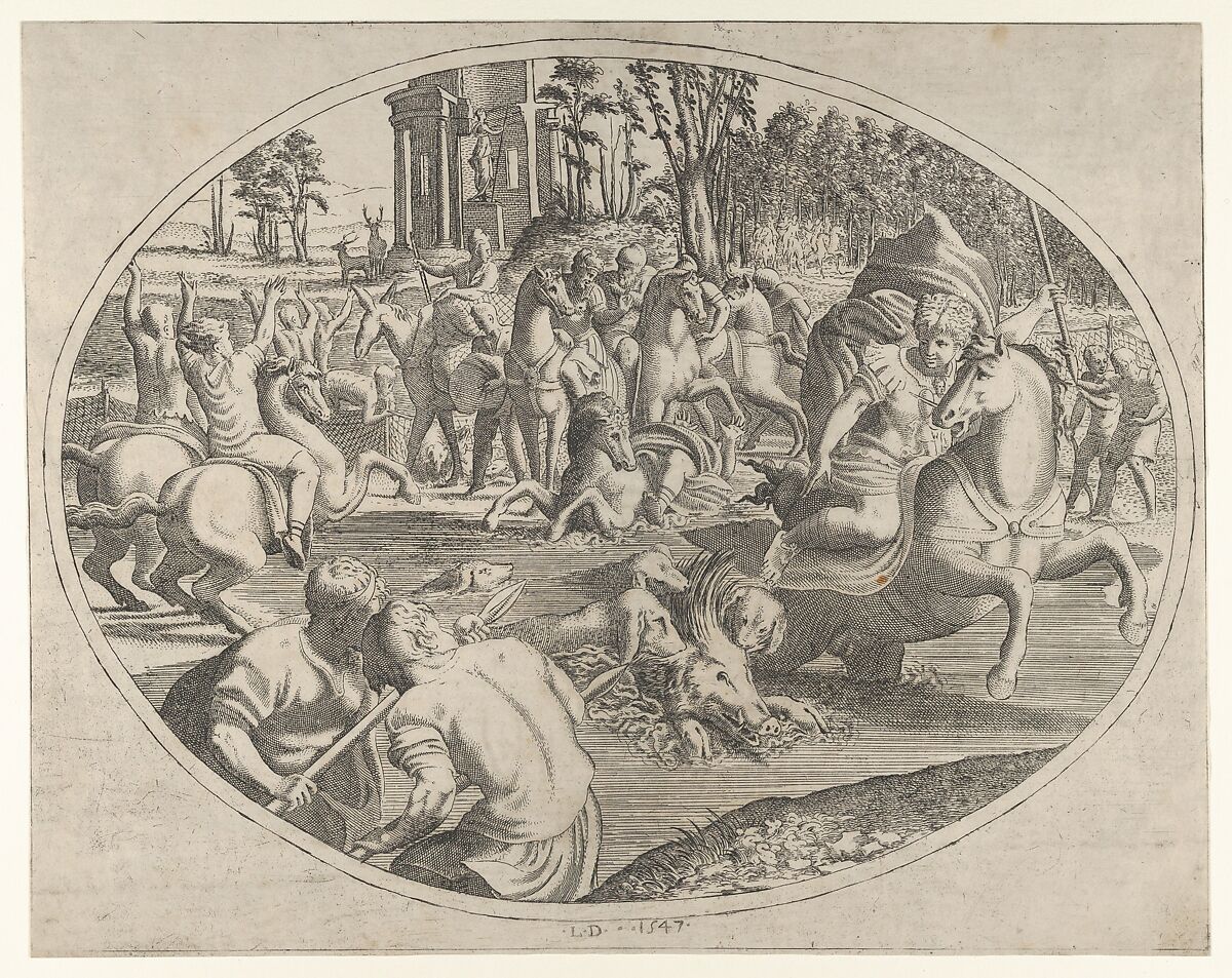 Young Man Hunting a Wild Boar, from "Three Prints on Hunting and Fishing", Léon Davent (French, active 1540–56), Etching 