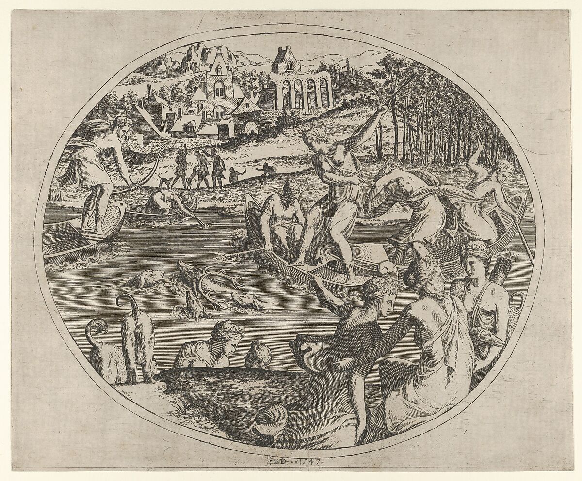 Diana and Her Nymphs Pursuing a Stag, from "Three Prints on Hunting and Fishing", Léon Davent (French, active 1540–56), Etching 