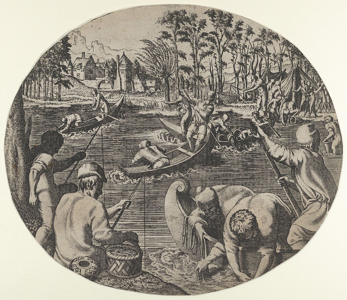 Fishing Scene, Léon Davent (French, active 1540–56), Etching 