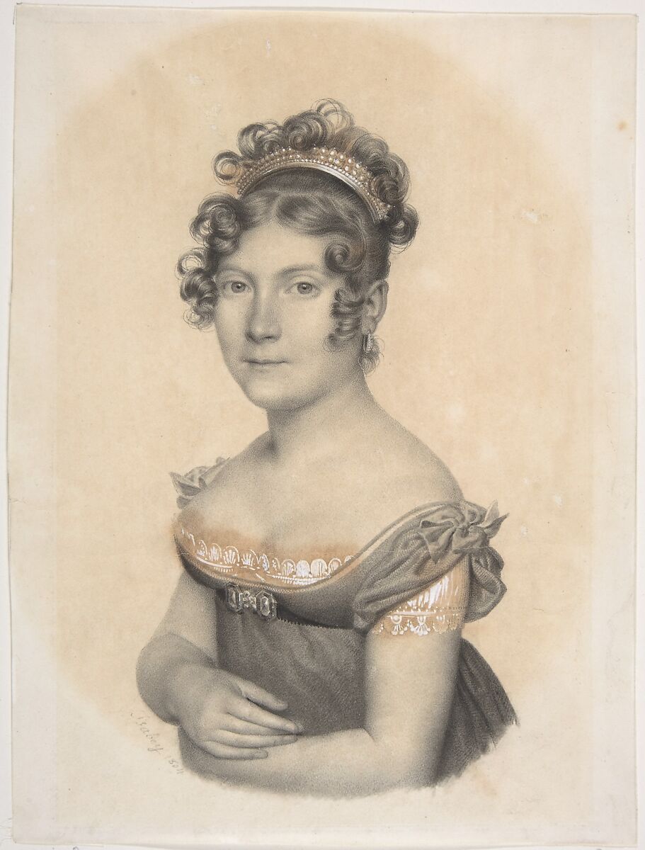 Lady of the Court of Napoléon I, Attributed to Jean-Baptiste Isabey (French, Nancy 1767–1855 Paris), Black crayon and white paint, heightened with brown wash 