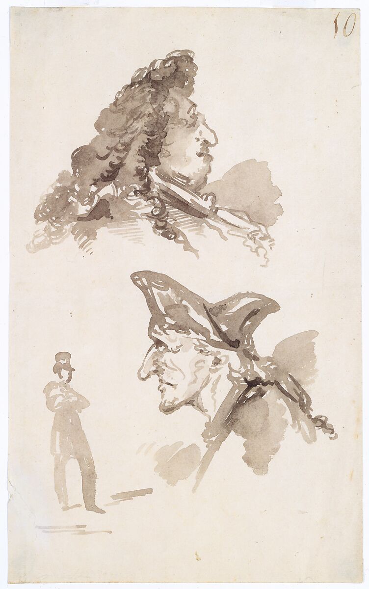Sheet of Studies:  Two Male Heads in Profile and Standing Man, Jean-Baptiste Isabey (French, Nancy 1767–1855 Paris), Brush and brown wash