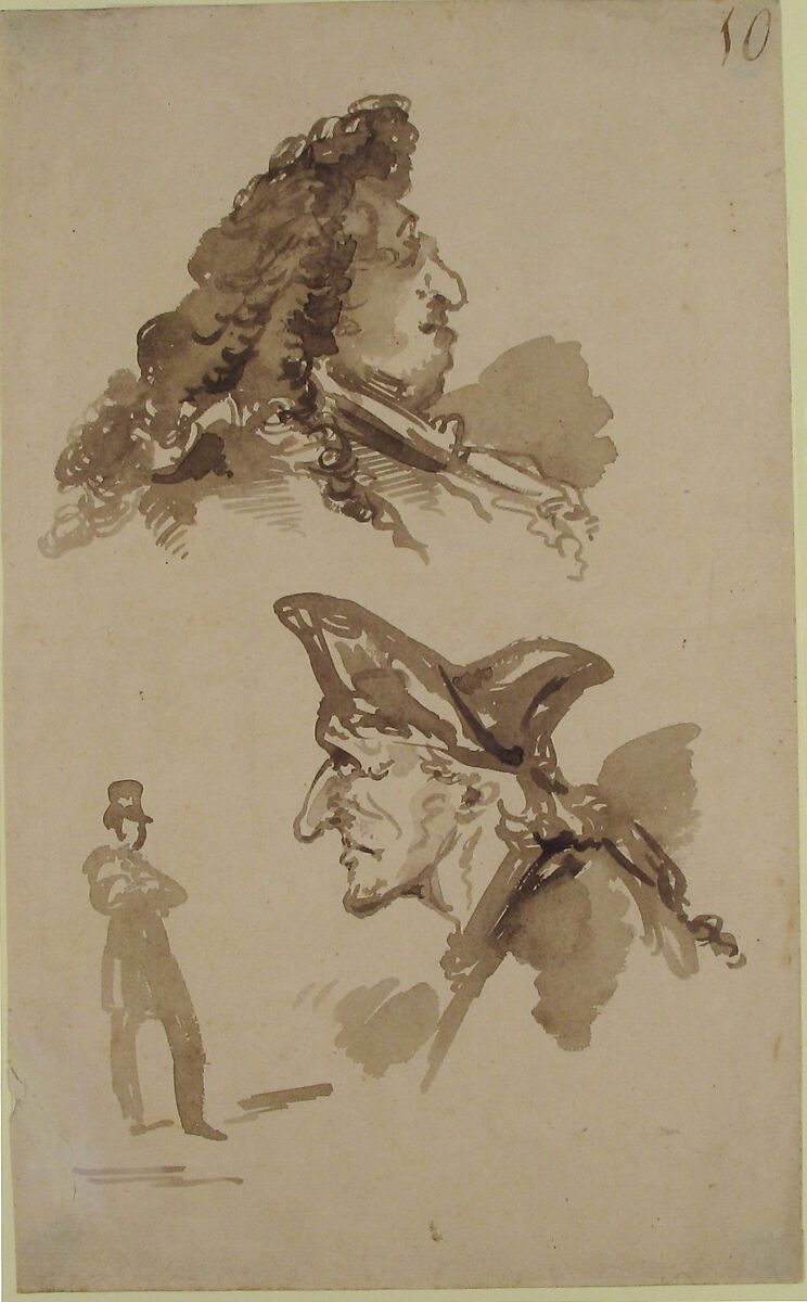 Sheet of Studies:  Two Male Heads in Profile and Standing Man, Jean-Baptiste Isabey (French, Nancy 1767–1855 Paris), Brush and brown wash